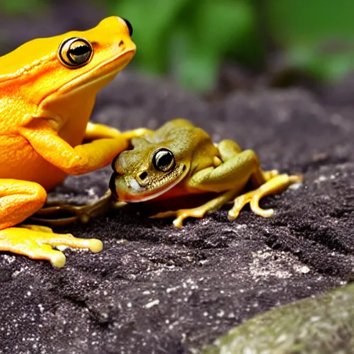 Prompt: photo { orange } and yellow frog