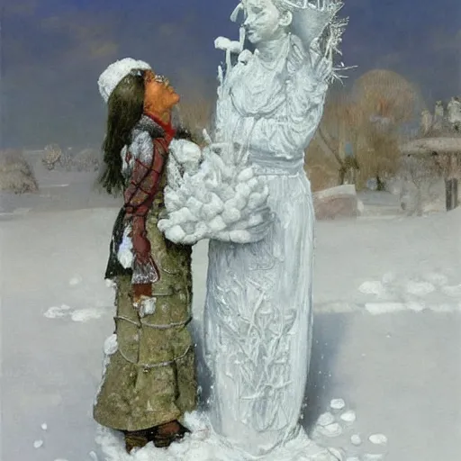 Prompt: a sculpture made of snow and ice and flower and plants, painting part by wojciech siudmak, part by ilya repin, part by max ernst, part by norman rockwell, artstation