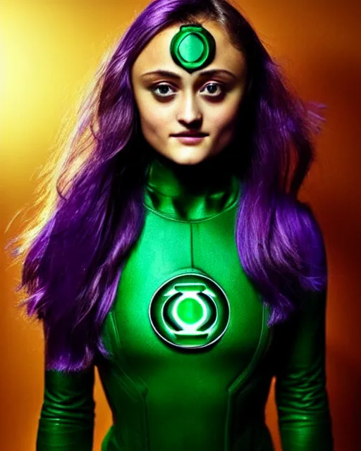 Image similar to photos of beautiful actress Ella Purnell dressed as the Green Lantern Soranik Natu, Photogenic, purple skin, short black pixie like hair, particle effects, photography, studio lighting, in the style of Annie Leibovitz