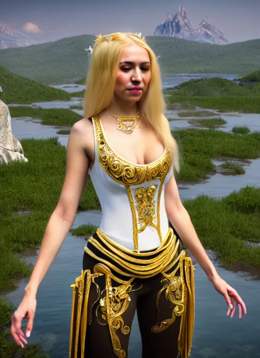 Image similar to a photo of 8 k ultra realistic humanoid princess with long blonde hair, standing next to a beautiful view, ornate white officers outfit with gold embellishments, cinematic lighting, trending on artstation, 4 k, hyperrealistic, focused, extreme details, unreal engine 5, cinematic, masterpiece