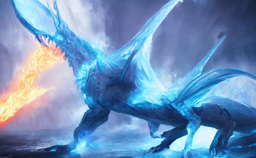 Image similar to An ice dragon breathing blue flames, ice landscape, digital art, artstation, WLOP, CGSociety