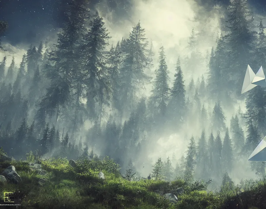 Image similar to flying geometric bringing triangle in center, forest, beautiful graphics, fantasy artwork, very beautiful scenery, hd, hdr, ue 5, ue 6, unreal engine 5, cinematic 4 k wallpaper, 8 k, ultra detailed, by popular digital, details, beautiful image ever created, high resolution, artstation, award winning