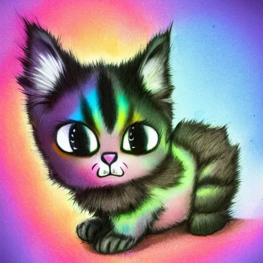 Image similar to wide angle full body, of a fluffy cute rainbow kitten wearing a black motorcycle jacket, concept art