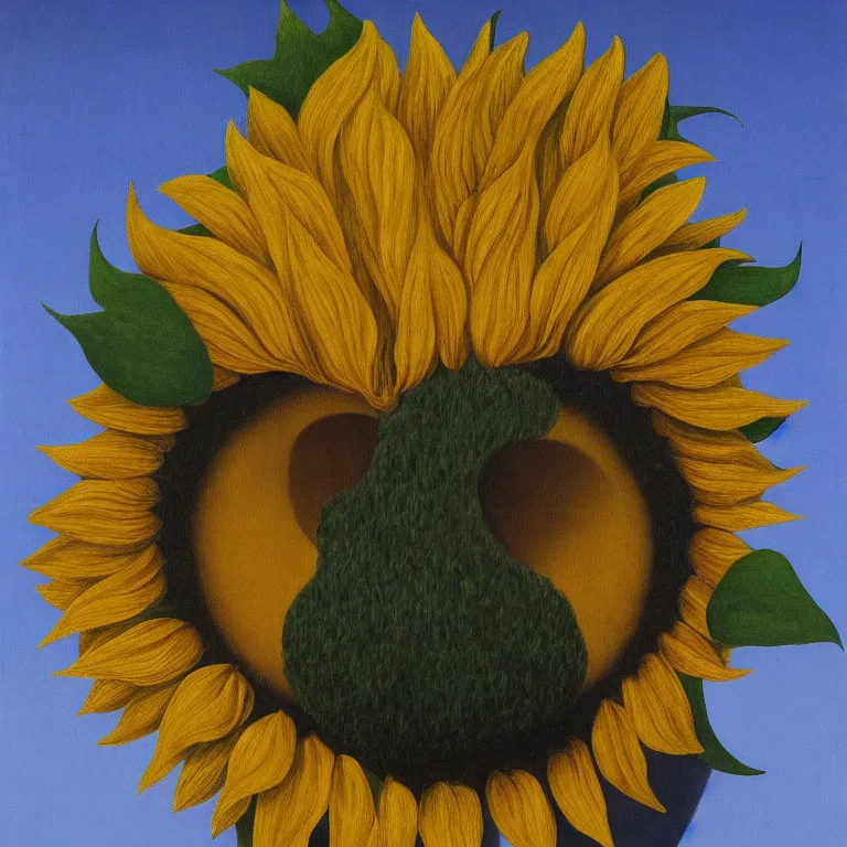 Image similar to portrait of a faceless sunflower - head man by rene magritte, detailed painting, distance, centered, hd, hq, high resolution, high detail, 4 k, 8 k