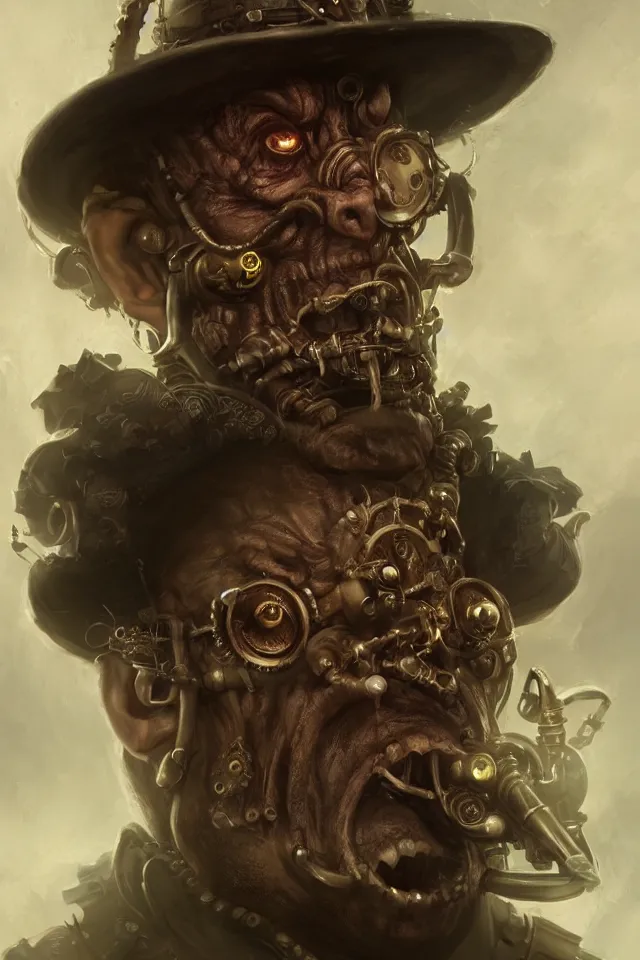 Image similar to Portrait of a scary steampunk orc bouncer,, character design, fantasy, intricate, cinematic lighting, highly detailed, digital painting, artstation, concept art, smooth, sharp focus, illustration, art by WLOP and Ross Tran