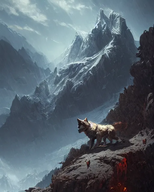 Prompt: a huge mountain in the shape of a wolf, terrifying, environment art, fantasy art, landscape art, in the style of greg rutkowski, illustration, epic, fantasy, intricate, hyper detailed, artstation, concept art, smooth, sharp focus, ray tracing