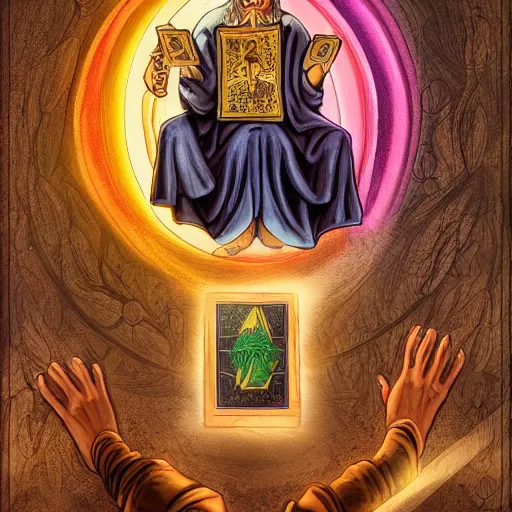 Image similar to wizard performing a tarot reading, cards, fantasy, digital art, soft lighting, 8 k