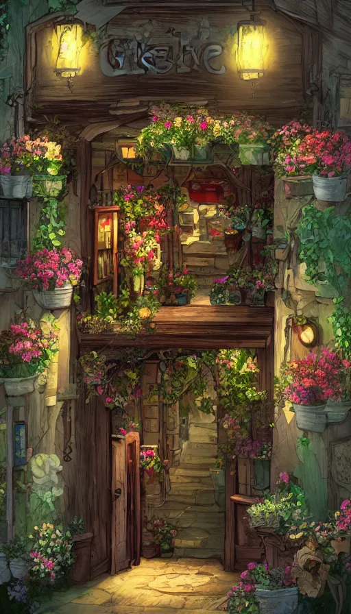 Image similar to a little flower shop's front gate, nostalgic, fresh digital illustrati on, dramatic lighting, pixiv, detailed textures