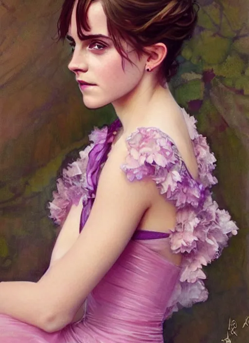 Image similar to emma watson wearing revealing pink and purple silk dress with flounces. beautiful detailed face. by artgerm and greg rutkowski and alphonse mucha