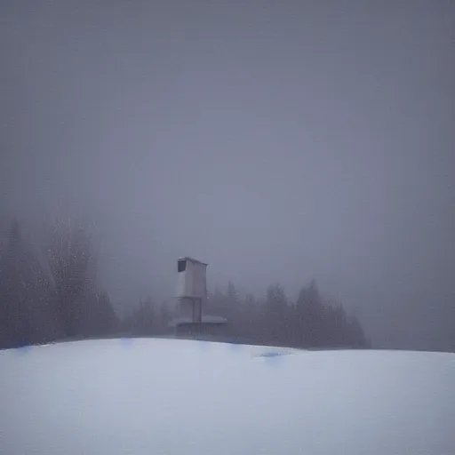 Prompt: a cabin on a hill, snowstorm, winter, smoke rising from the pipe, by alex andreev, landscape, high contrast, digital, complementary colors