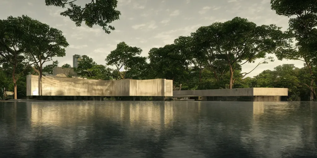 Image similar to a stunningly detailed arts center designed by Le Corbusier, surrounded by lush green forest, ponds of water, stunning volumetric lighting, sunset, metal, concrete, stunning skies, trending on Artstation, 8k, photorealistic, hyper detailed, unreal engine 5, IMAX quality, cinematic, epic lighting, in the style of Greg Rutkowski