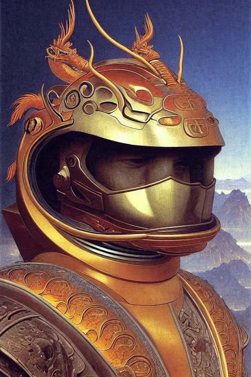 Prompt: portrait of a astronaut is a chinese dragon in armor and helmet, majestic, solemn, symmetrical, detailed intricate, hyper realistic, by bouguereau