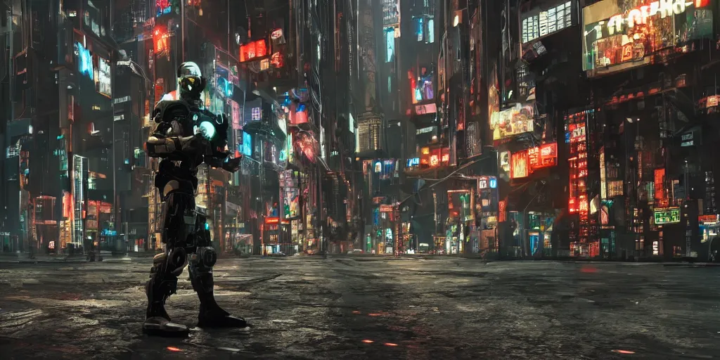 Image similar to cyber soldier fighting in a cyberpunk city, realism, 4 k, award winning photograph octane render, award winning photograph