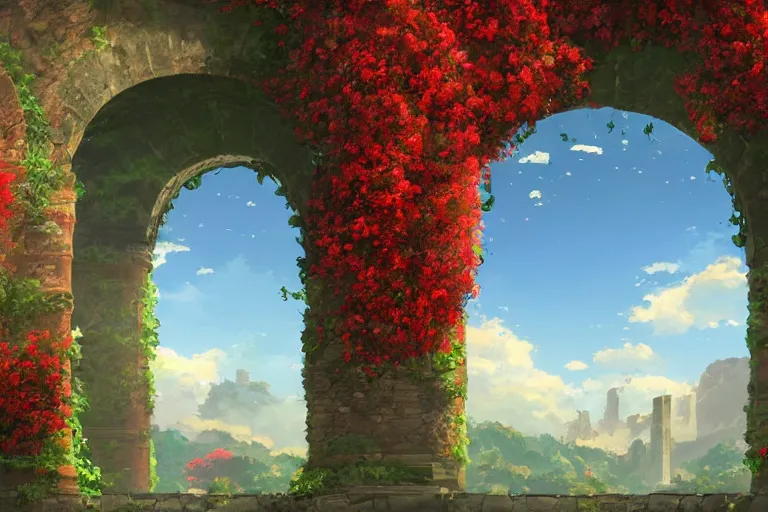 Prompt: broken arches leading to the pillars of eternity draped with red flowers and vines, blue sky, Makoto Shinkai style