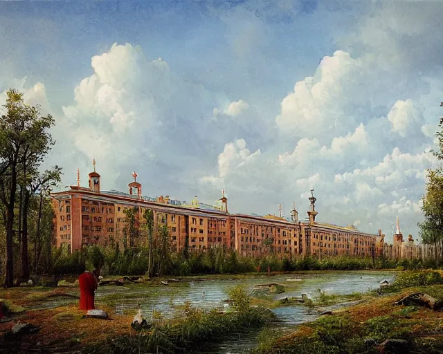 Image similar to beautiful matte painting of cute soviet block of flats hrushevka in end of forest by ivan shishkin,