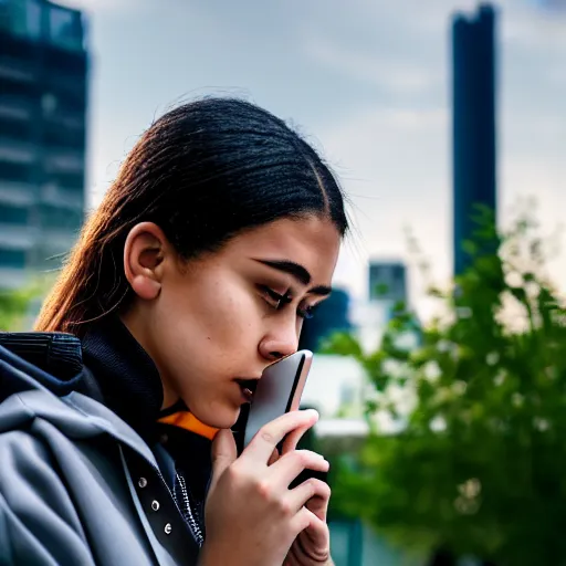 Prompt: candid photographic portrait of a poor techwear mixed young woman using a phone inside a dystopian city, closeup, beautiful garden terraces in the background, sigma 85mm f/1.4, 4k, depth of field, high resolution, 4k, 8k, hd, full color