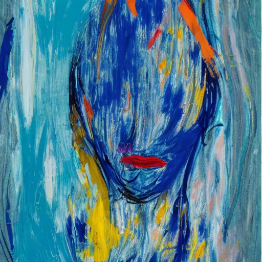 Prompt: chaotic abstract expressionism painting of a face, blue color palette,