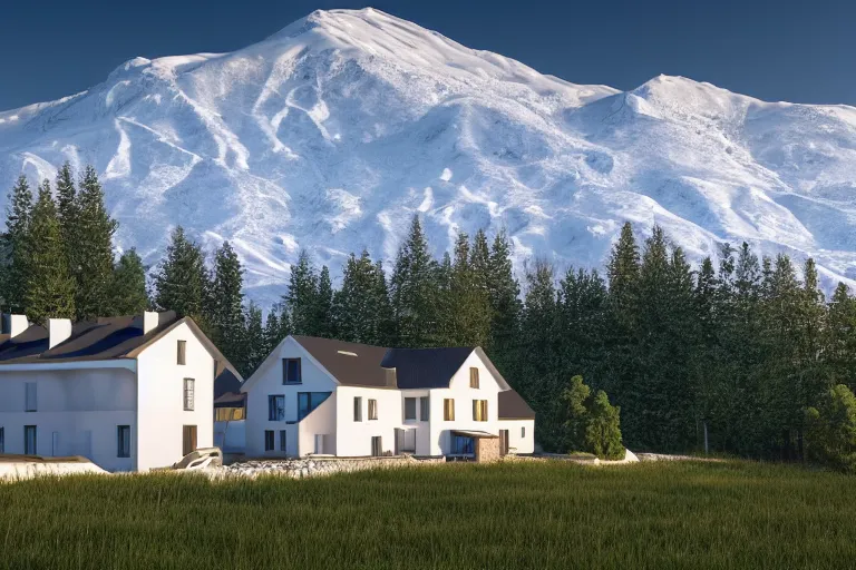 Image similar to modern fachwerk house settlement with Elbrus mountain on the background, architecture, 3d render 8k , high details