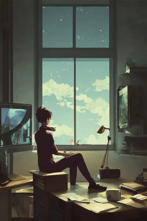 Image similar to beautiful scene render of a person sitting at a desk, looking at monitor, dimly lit bedroom, hot cocoa drink,, perfectly shaded, atmospheric lighting, style of makoto shinkai and peter mohrbacher, studio ghibli. artgerm, karol bak, beeple, animation style, 8 k hd, ultra wide angle, hyper detailed