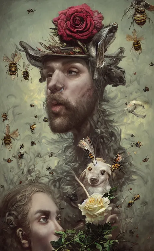 Image similar to a painting of a young bearded man holding a white rose and a stick, jester hat, small dog, a surrealist painting by marco mazzoni, peter mohrbacher, nychos, cgsociety, neo - figurative, detailed painting, rococo, bees, oil on canvas, birds seapunk, biomorphic lovecraftian