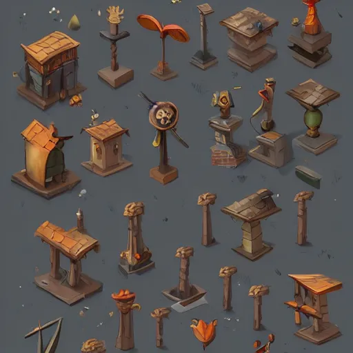 Prompt: Nine separated props contaning trees, houses, box, treasures, bricks, castle, swords, and magic weapons from a game asset concept by Jen Zee, Rossdraws, James Jean, Andrei Riabovitchev, 2d side scrolling game , and Sakimichan, trending on artstation , assets