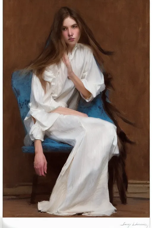 Image similar to girl with long hair, silk dress, high heels, sitting on designer chair, by jeremy lipking