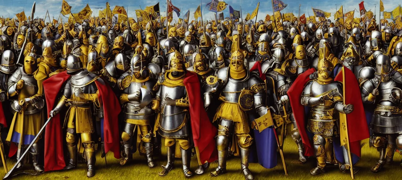 Prompt: Minions Burgundian Deus Vult Crusade in the style of Jan van Eyck