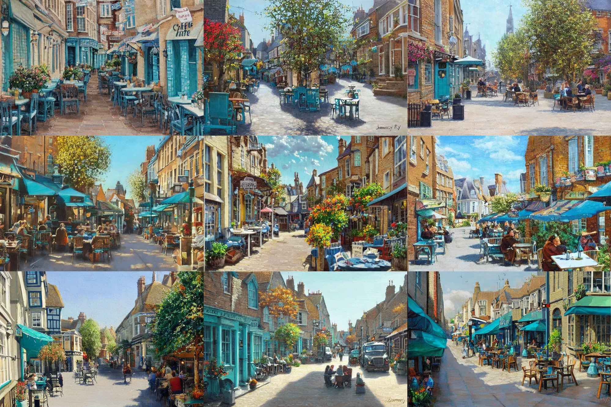 Prompt: street of teal stone, sunlight and whimsical houses, cafe tables, london, painting by james gurney