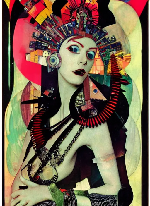 Image similar to cute punk goth fashion fractal alien martian girl with a television head wearing kimono made of circuits and leds, surreal Dada collage by Man Ray Kurt Schwitters Hannah Höch Alphonse Mucha, red and black