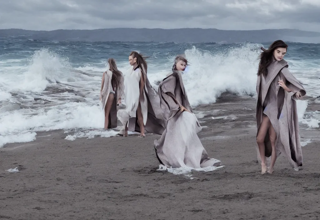 Image similar to fashion editorial in front of giant tsunami waves, on the beach.