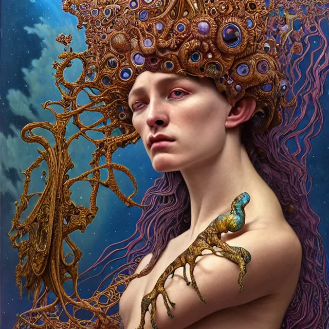 Image similar to detailed realistic beautiful young groovypunk queen of andromeda galaxy in full regal attire. face portrait. art nouveau, symbolist, visionary, baroque, giant fractal details. horizontal symmetry by zdzisław beksinski, iris van herpen, raymond swanland and alphonse mucha. highly detailed, hyper - real, beautiful