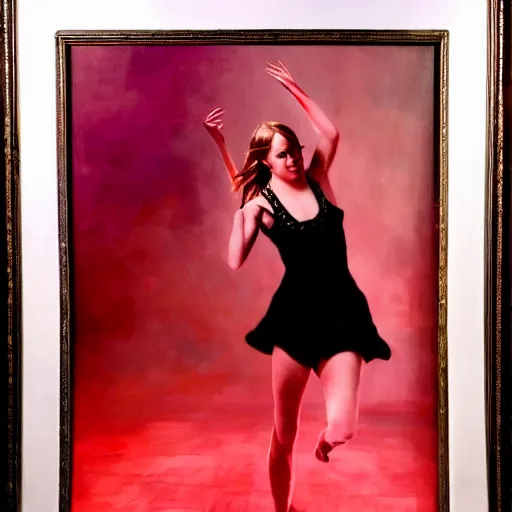 Prompt: emma stone dancing with emma watson, soft red lights full body portrait, 8 k oil painting,