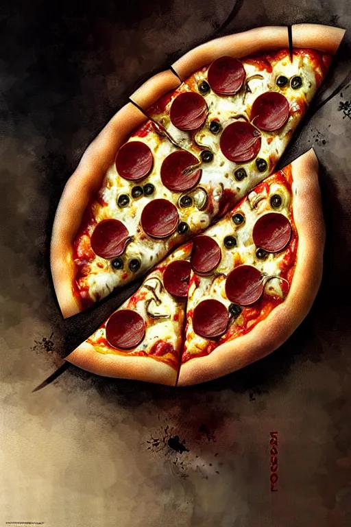 Image similar to pizza by greg rutkowski, giger, maxim verehin