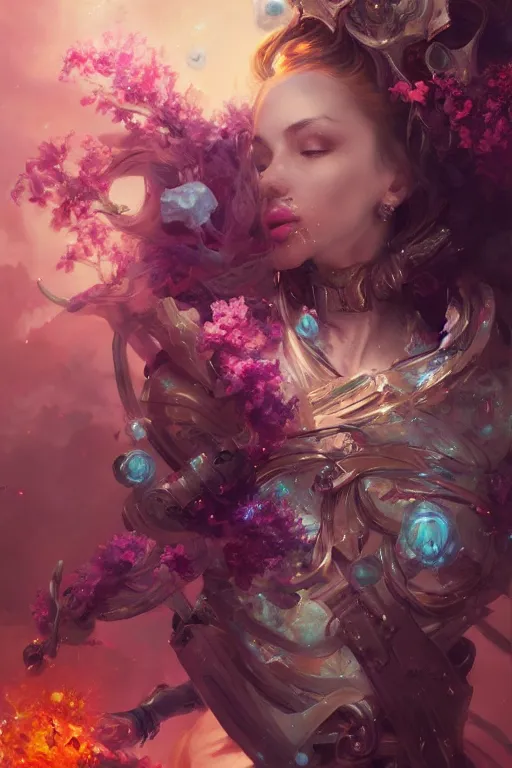 Image similar to beautiful girl necromancer covered with crystals exploding space, 3 d render, hyper realistic detailed portrait, holding magic flowers, ruan jia, wlop. scifi, fantasy, hyper detailed, octane render, concept art, peter mohrbacher