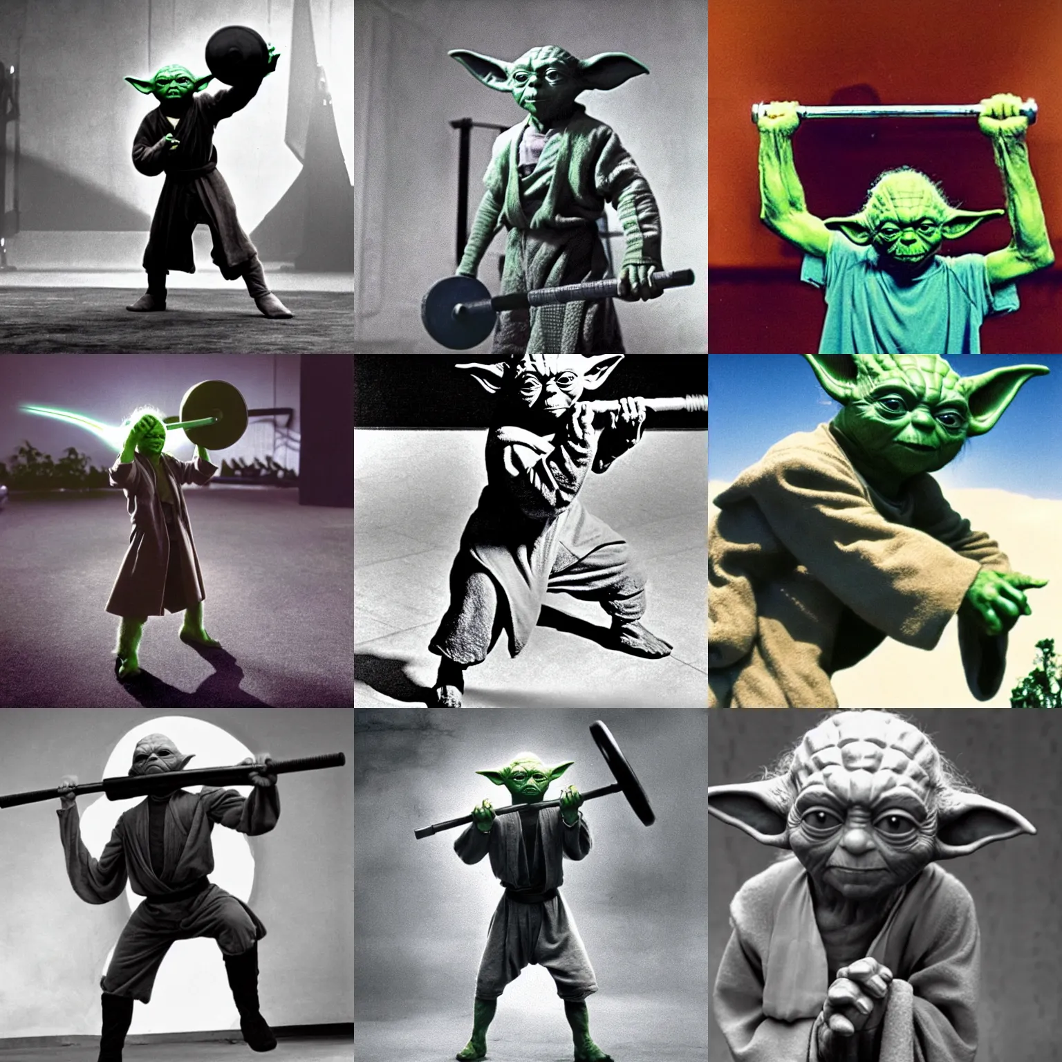 Prompt: a photograph of yoda on his home planet, lifting weights with the force.