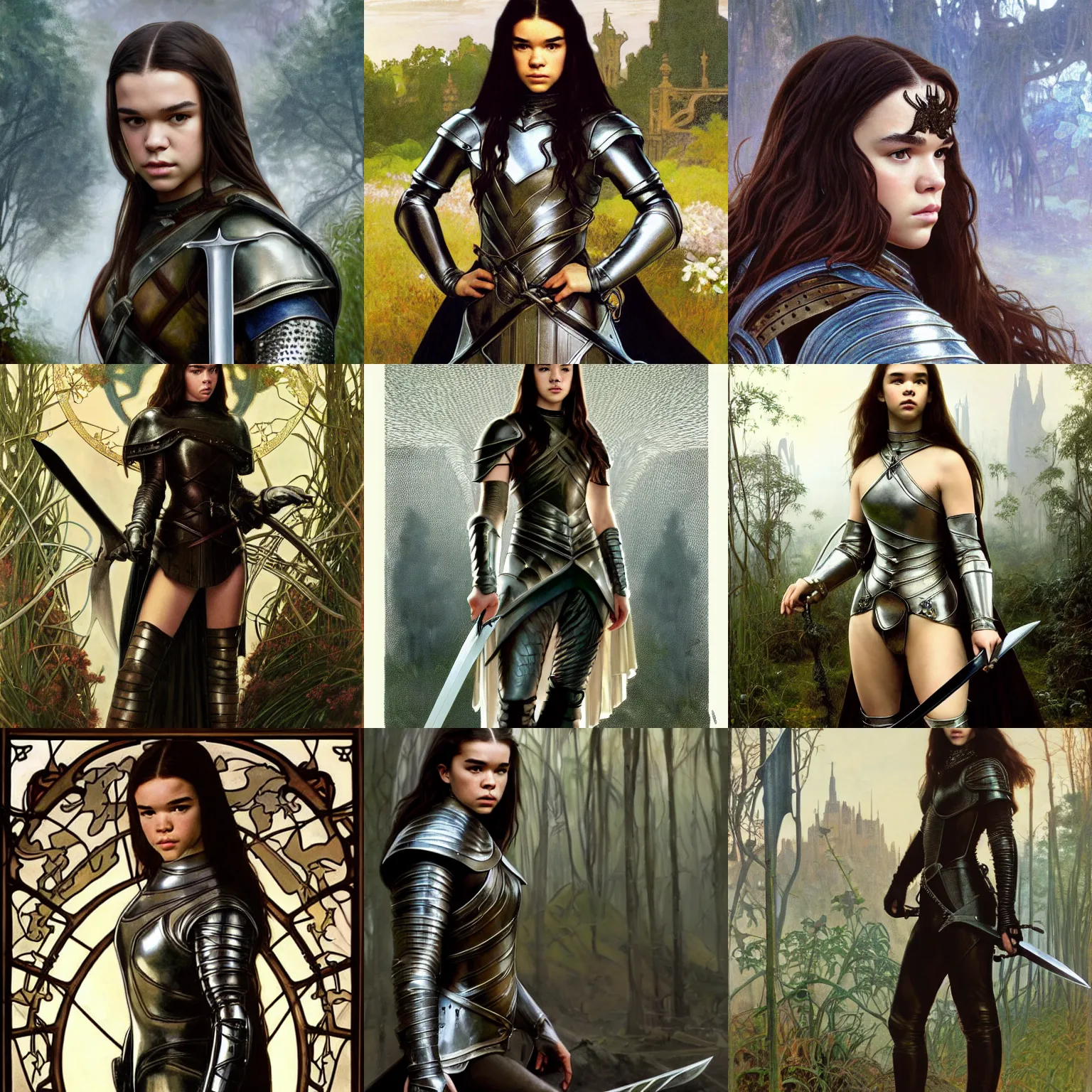 Prompt: hailee steinfeld, thief, leather armor, medieval, silver sword, high heel boots, lord of the rings, perfect face, detailed, concerned, digital painting, background is an overgrown spamp, by alphonse mucha, greg rutkowski, frank frazetta