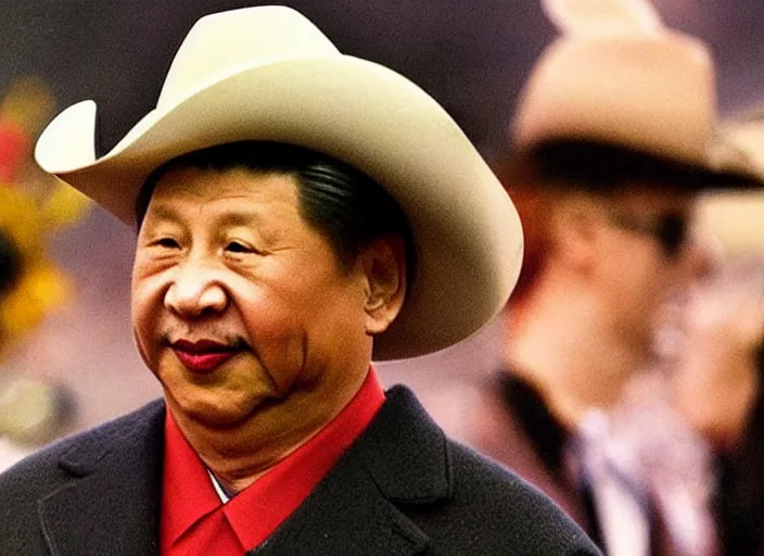 Image similar to xi jinping dressed as a cowboy wearing a disguise while he sinks into a tar pit wide shot, from the hit 9 0 s tv show