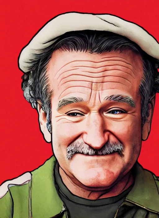 Image similar to illustration of Robin Williams, by Studio Ghibli, 8k, film still, cinematic, sharp focus, concept art, smooth