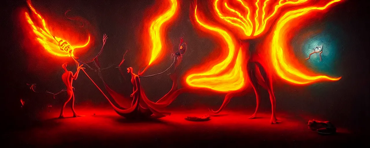 Image similar to whimsical fiery alchemical creatures, surreal dark uncanny painting by ronny khalil