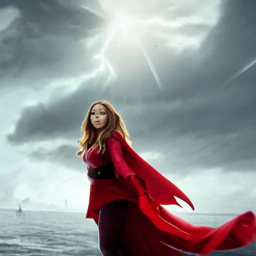 Image similar to movie still of elizabeth olsen as the scarlet witch afloat!!!!! in the air with red glowing eyes, emanating red magic!!!!! from her palms, full - body portrait, trending on artstation, 8 k quality, cgsociety contest winner, artstation hd, artstation hq, luminous lighting, beautiful cloudy atmosphere