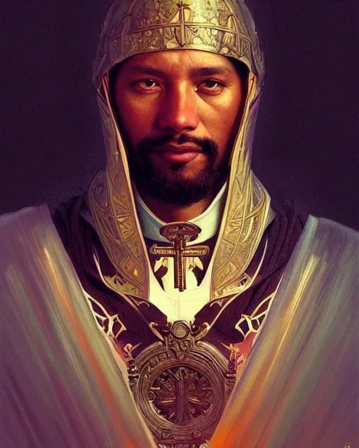 Prompt: realistic wide angle portrait of a bishop, heroic pose, beautiful face, full body, dramatic lighting, intricate, wild, highly detailed, digital painting, artstation, concept art, smooth, sharp focus, illustration, art by artgerm and greg rutkowski and alphonse mucha, footage from space camera