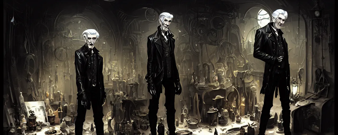 Image similar to duotone sepia comic noir illustration 3 / 4 portrait of emiel regis old vampire with silver hair sideburns in leather clothes from wicther 3 sitting in a crypt workshop. by sachin teng and sergey kolesov and ruan jia and heng z. graffiti art, scifi, fantasy, hyper detailed. octane render. concept art. trending on artstation