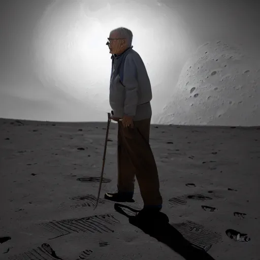 Prompt: an elderly man on the surface of the moon, 🌕, zimmer frame, canon eos r 3, f / 1. 4, iso 2 0 0, 1 / 1 6 0 s, 8 k, raw, unedited, symmetrical balance, wide angle