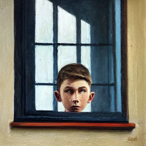 Image similar to a portrait of a 1 4 year old boy looking out his bedroom window, looking sad, oil painting, david padworny