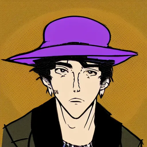 Image similar to portrait of a swaggy man with a hat listening to music with a dragon on his shoulder, Hirohiko Araki style