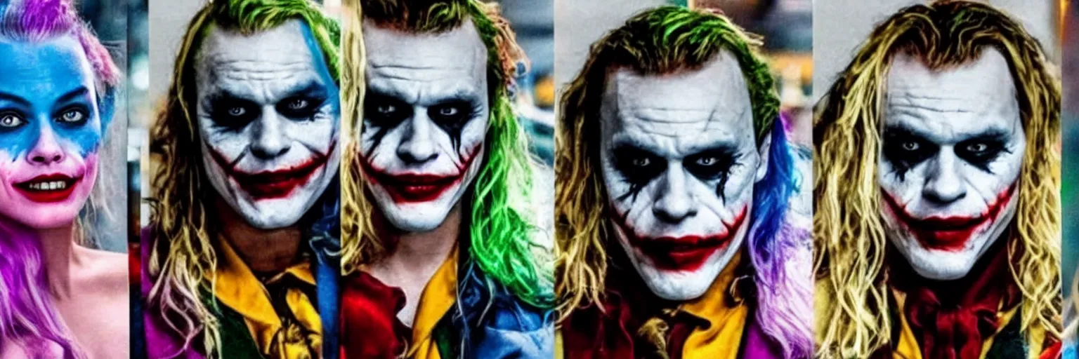 Image similar to heath ledger as the joker on the left, margot robbie as harley quinn on the right, cinematic, close up, anomorphic lens, low lighting