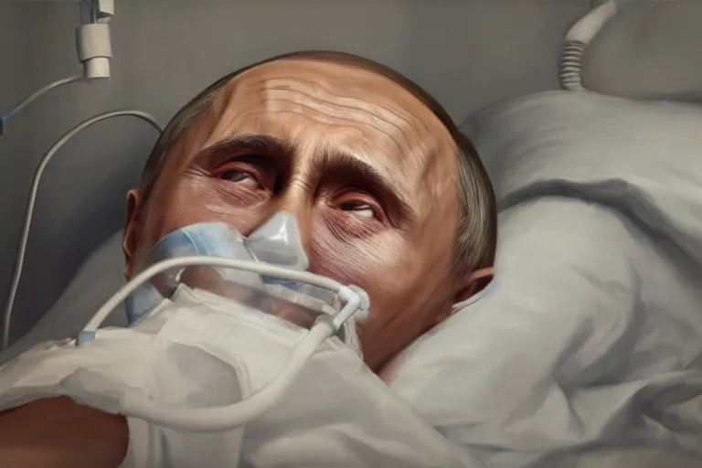 Prompt: hyperrealistic oil painting of very ill Vladimir Putin as a patient wearing an oxygen mask on a death bed inhaling from Copium tank that stand near his bed, detailed face, artstation, matte painting, highly detailed, intricate, concept art, dramatic cinematic lighting, octane render, 8k, unreal engine