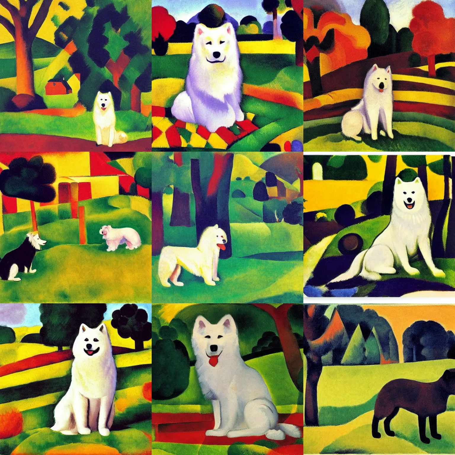 Prompt: a samoyed dog sitting in the middle of sunny meadow, by august macke