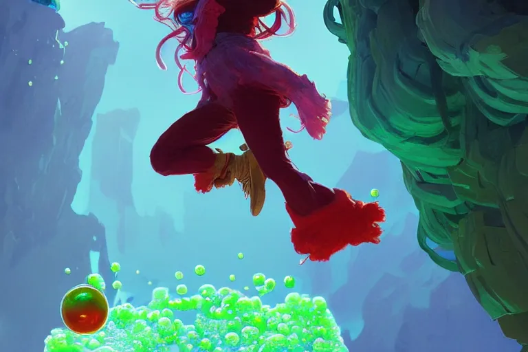 Image similar to madeline from celeste jumping to a green jelly bubble, blue bubble jacket red long hair, highly detailed, digital painting, artstation, concept art, sharp focus, illustration, art by greg rutkowski and alphonse mucha