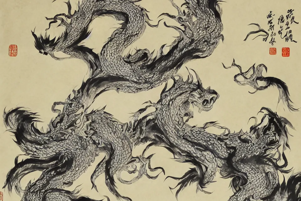 Image similar to mythical monsterss, traditional chinese ink painting, yellowing paper.